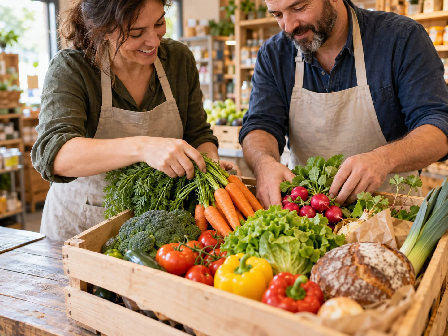Deux bénévoles préparent ensemble une cagette de légumes et de pain.
